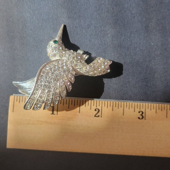 Silver-Tone Hummingbird Brooch Clear Rhinestones & Green Eye Vintage Pin Jewelry - Picture 5 of 6